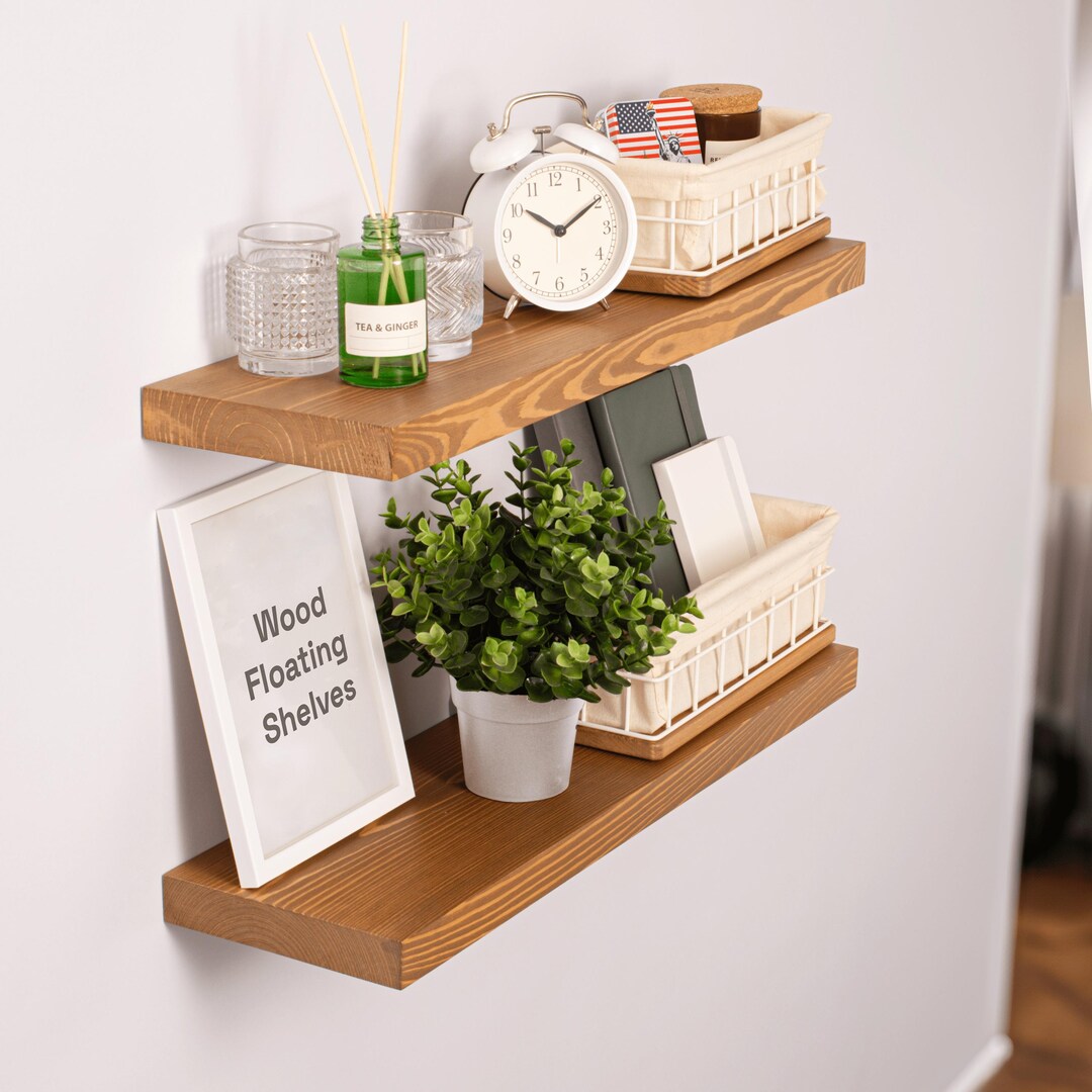 Set of 2 Rustic Floating Wood Shelves for Wall 24 X 6.7 Inch Bathroom ...