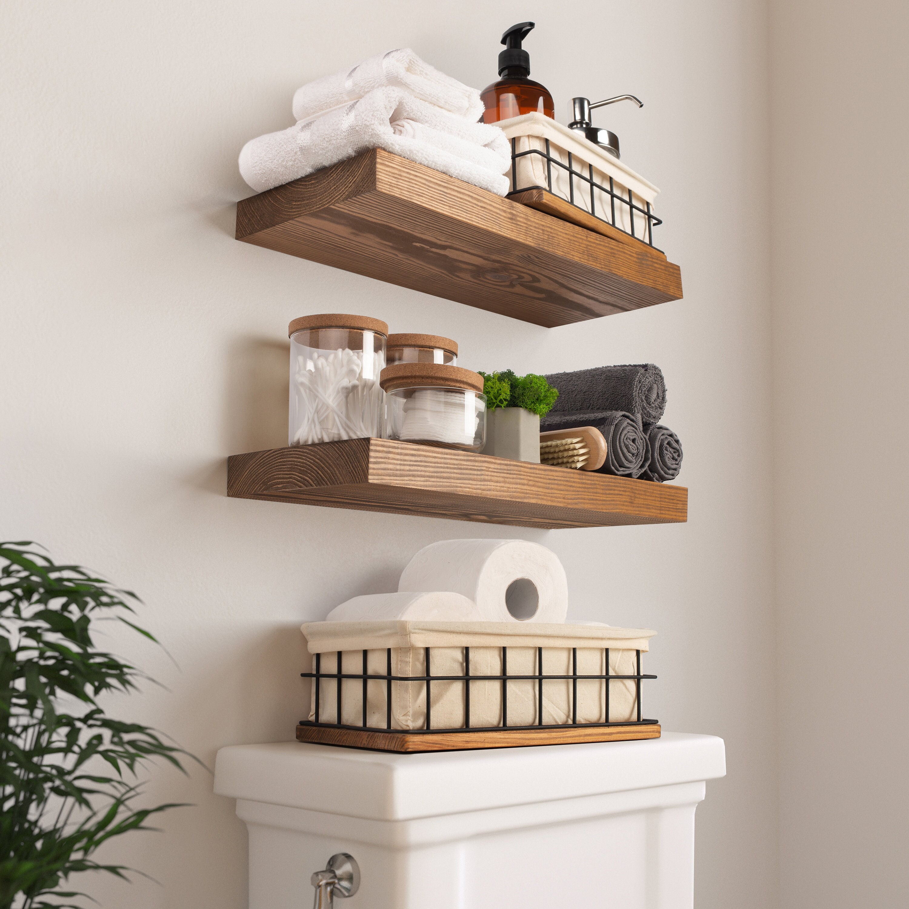 Floating Shelves Wall Mounted 17-Inch - Thick Handmade Set of Dark Brown  Wooden Shelf, Natural Rustic Farmhouse Acacia Hard Wood, Solid Shelving for