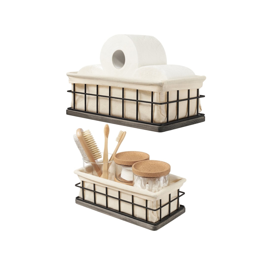 Wood and Wire Baskets, Toilet Paper Storage Holder With Liners
