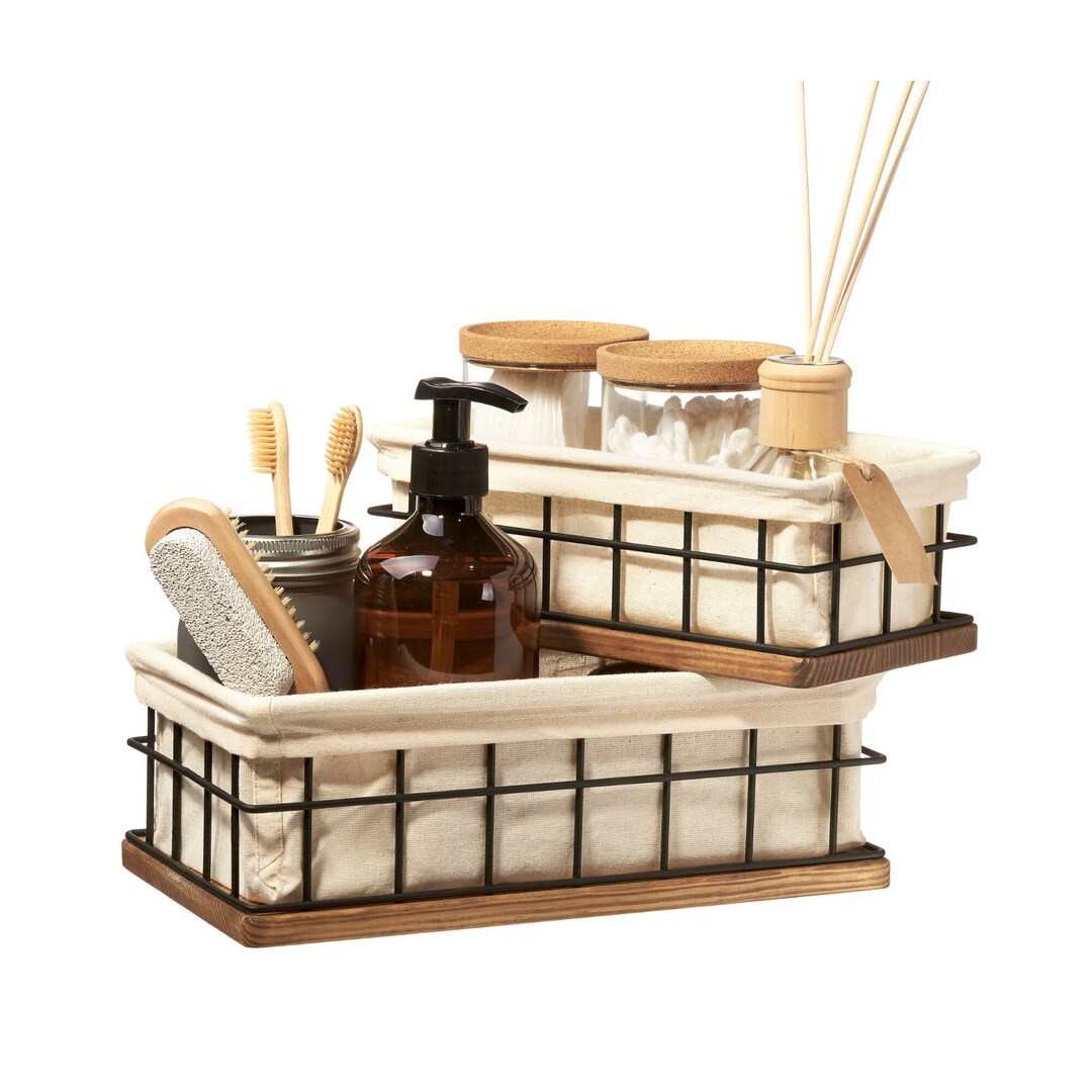 Wood and Wire Baskets, Toilet Paper Storage Holder With Liners