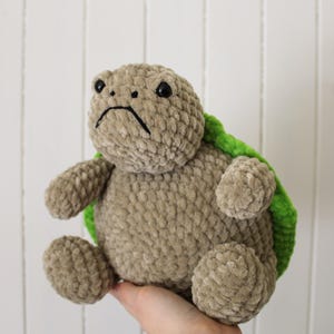 May include: A handmade plush turtle in shades of tan and green. The turtle has a sad expression with black embroidered eyes and a downturned mouth. The shell is green, and the body is a soft, textured tan material.