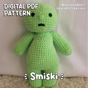 May include: A light green crochet doll with a round head, small nose, and two black eyes. The text DIGITAL PDF PATTERN is at the top left, and Smiski is at the bottom. The text @hayleejadeart HaylsArtCreations is at the top right.