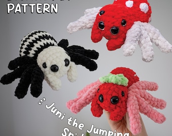 May include: Three plush spiders in various colors. One is red with white spots, another is black and white, and the third is red and pink with a green accent. The text "DIGITAL PDF PATTERN" and "Juni the Jumping Spider" are also visible.