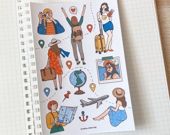 TRAVELLING GIRL sticker sheet // aesthetic cute adventure explorer travel tour girls stickers for bullet journal, planner, scrapbook, laptop