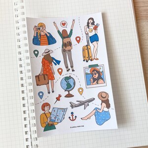 TRAVELING GIRL Stickerbogen // ästhetische niedliche Abenteuer Reise Mädchen Sticker für Bullet Journal, Planer, Scrapbook, Laptop