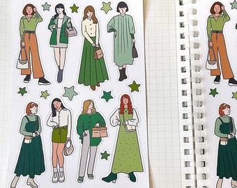 FASHIONABLE GREEN OUTFIT sticker sheet // aesthetic chic ootd lookbook fashionista girls for bullet journals, planner, scrapbook, snail mail