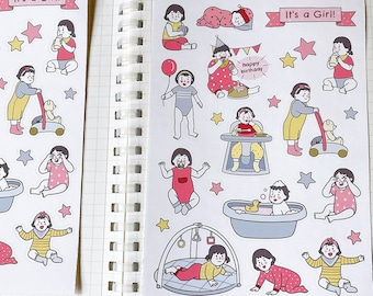 BABY GIRL sticker sheet // aesthetic fun pregnancy cute pink kids baby book maternity mom stickers for bullet journals, planners, scrapbook