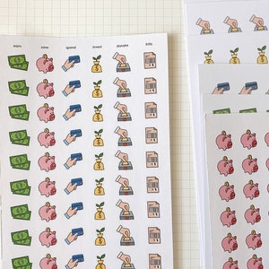 FINANZEN Mini Sticker Bogen (7 Design Optionen) // süße Geld Zahltag Sparschwein kleine Icon Aufkleber für Journal, Planer, Terminplaner