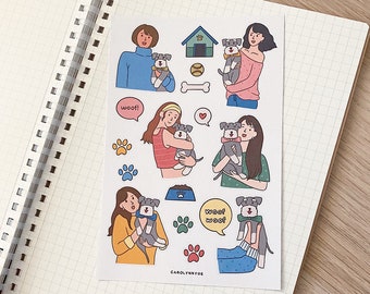 GIRL & MINI SCHNAUZER sticker sheet // aesthetic cute miniature schnauzer puppy dog pet lover stickers for bullet journal, planner, notebook