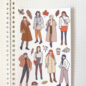 Foglio di adesivi COSY AUTUMN OUTFIT // ragazze invernali beige alla moda, carine, chic ed estetiche per bullet journal, planner, album, posta ordinaria