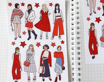 FASHIONABLE RED OUTFIT sticker sheet // aesthetic chic ootd lookbook pretty kawaii girls for bullet journals, planner, scrapbook, snail mail