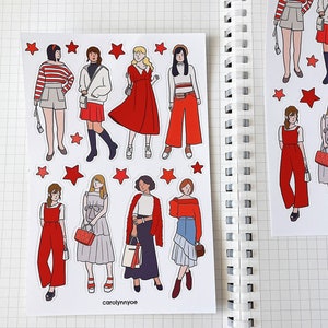 Foglio di adesivi FASHIONABLE RED OUTFIT // lookbook ootd estetico chic con graziose ragazze kawaii per bullet journal, planner, album, posta ordinaria