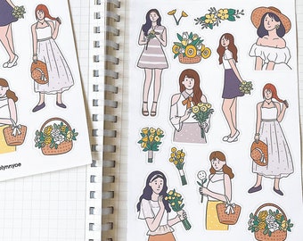 YELLOW FLORAL GIRL sticker sheet // aesthetic summer airy flower fashionable cute pretty stickers for bullet journals, planners, scrapbook