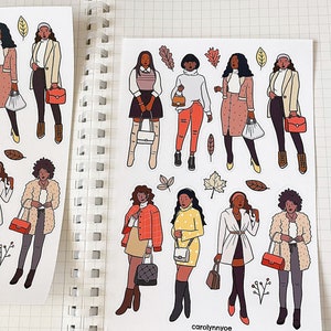 ブラックガール 秋 ステッカーシート // 美しいキュートなアフロファッションの冬秋服、女の子の葉っぱのステッカー、バレットジャーナル、プランナー用