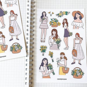 YELLOW FLORAL GIRL sticker sheet // aesthetic summer airy flower fashionable cute pretty stickers for bullet journals, planners, scrapbook image 1