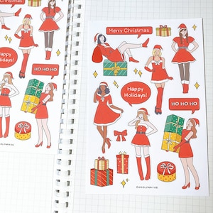Folha de adesivos MENINA PAPAI NOEL // adesivo decorativo estético fofo para meninas de Natal em traje de Papai Noel para planejadores, bujo, scrapbook