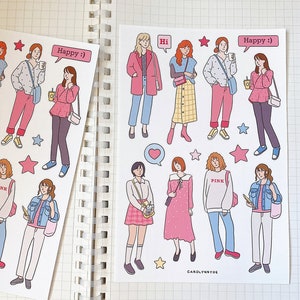 Foglio di adesivi CUTE PINK OUTFIT // ragazze carine primaverili pastello, alla moda, eleganti e chic per bullet journal, planner, album, posta ordinaria