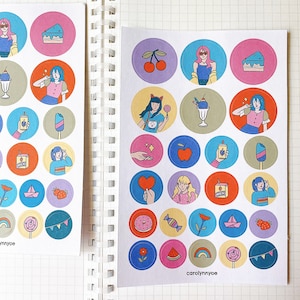 Foglio di adesivi rotondi KAWAII AESTHETIC // adesivi carini, colorati, divertenti, arcobaleno, alla moda, per ragazze, per bullet journal, planner, quaderno