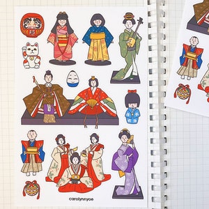 Foglio di adesivi del festival delle bambole giapponesi HINAMATSURI // adesivo carino estetico (雛祭り kawaii daruma geisha kimono per bujo, planner, posta ordinaria