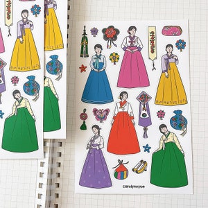 Foglio di adesivi COREANI HANBOK // adesivi estetici carini da viaggio tradizionali coreani alla moda per bullet journal, pianificatori, posta ordinaria, laptop