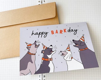 HAPPY BARKDAY greeting card // aesthetic cute unique fun illustration animal pet puppy dogs lover party hat funny pun birthday card gift