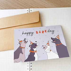 FELIZ BARKDAY cartão // estético bonito único divertido ilustração animal de estimação filhote de cachorro cães amante chapéu de festa trocadilho engraçado cartão de aniversário presente