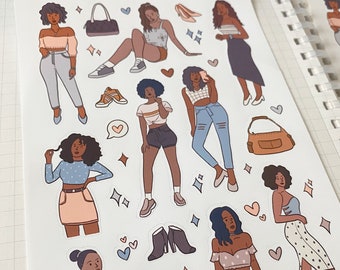 GLAM BLACK GIRL sticker sheet // aesthetic cute chic afro fashionable sophisticated girls stickers for bullet journals, planners, scrapbook