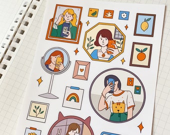 MIRROR SELFIE sticker sheet // aesthetic cute adorable korean japanese style kawaii girls stickers for bullet journals, planners, scrapbook