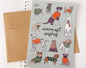 WARMEST WISHES greeting card // aesthetic cute unique fun sweater illustration animal pet puppy dogs lover schanuzer corgi holiday card