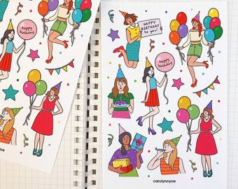 BIRTHDAY GIRL sticker sheet // aesthetic cute balloon party celebration colourful girls stickers for bullet journals, planners, scrapbook