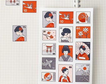 JAPAN STAMPS sticker sheet // aesthetic cute travel traditional Japanese red kimono geisha stickers for bullet journal, planners, snail mail