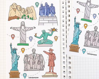 USA STATUES sticker sheet // aesthetic landmark monument United States of America travel liberty, lincoln, museum stickers for bujo, planner