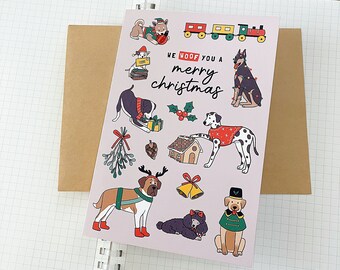 We Woof You A MERRY CHRISTMAS greeting card // aesthetic cute unique fun illustration animal pet puppy dogs lover funny holiday card