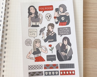 GOTH GIRL sticker sheet // aesthetic cute dark gothic fashionable girls stickers washi tape for bullet journals, planners, scrapbook