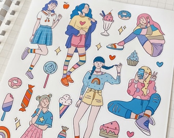 KAWAII RAINBOW GIRL sticker sheet // aesthetic candy harajuku fashionable japanese girls stickers for bullet journals, scrapbook, laptop