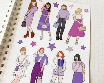 FASHIONABLE PURPLE OUTFIT sticker sheet // aesthetic chic ootd lookbook kawaii girls for bullet journals, planner, scrapbook, snail mail