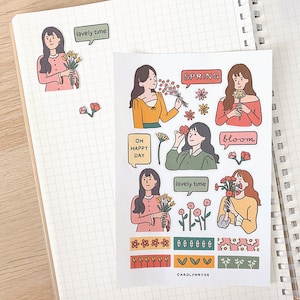 FLORAL GIRL Stickerbogen // ästhetische Pastell Blumen Mädchen Sticker washi tape Frühling für Bullet Journal, Planer, Scrapbook