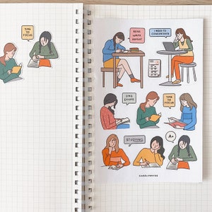 Hoja de pegatinas de ESTUDIO // Pegatinas estéticas, lindas, para estudiar, inteligentes, para tareas, exámenes, ratones de biblioteca, escritores, estudiantes y niñas para bullet journal y planificadores.