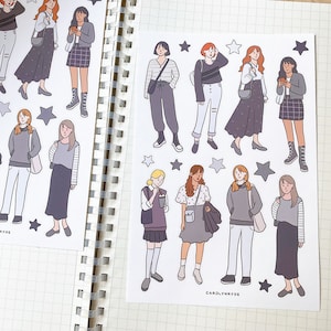 BLACK & WHITE OUTFIT Stickerbogen // ästhetisch süß chic modisch ootd girl für Bullet Journal, Planer, Scrapbook, Post, Laptop
