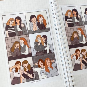Vierkant stickervel BFF GIRLS // esthetische schattige zwart-wit stickers voor vriendschapsvriendinnen voor bullet journals, planners, plakboek