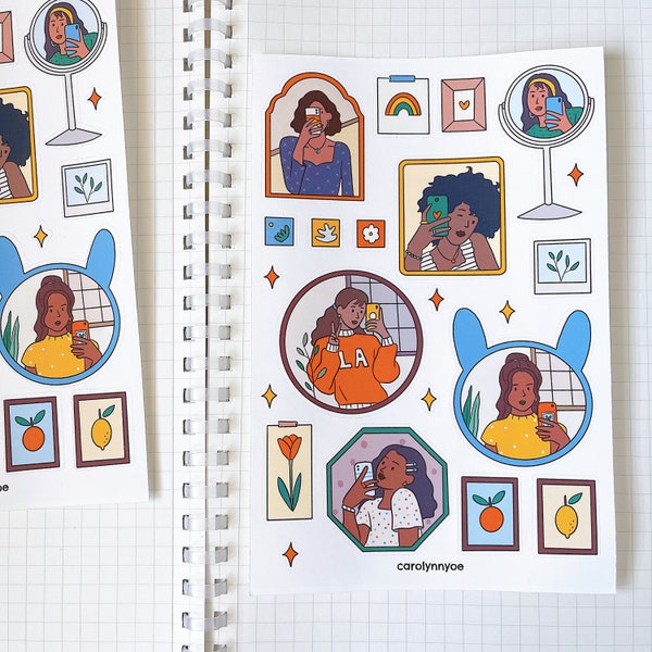 MIRROR SELFIE sticker sheet // aesthetic cute adorable black girls african american afro stickers for bullet journals, planners, scrapbook