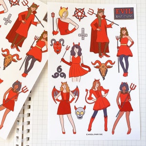 HOJA DE PEGATINAS DE DIABLO LINDO // Disfraz de diablo rojo satánico estético de Halloween, pegatinas kawaii para bullet journals, planificadores, álbumes de recortes, portátiles