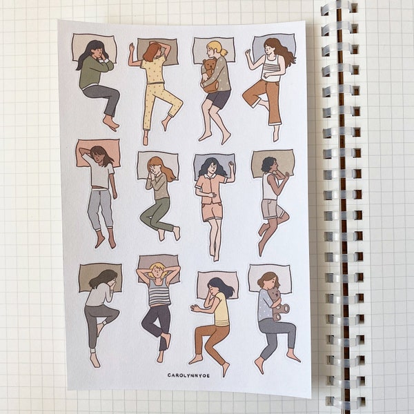 SLEEPING GIRL sticker sheet // aesthetic cute top view sleepover party lazy relax girls in pyjamas minimal stickers for scrapbook, bujo