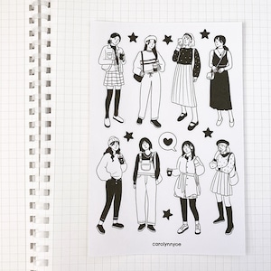 CUTE OUTFIT BW Stickerbogen // ästhetisch schick modisch schlicht, hübsche Mädels für Bullet Journal, Planer, Scrapbook, Briefpapier