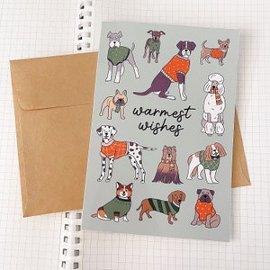 WARMEST WISHES greeting card // aesthetic cute unique fun sweater illustration animal pet puppy dogs lover schanuzer corgi holiday card image 1