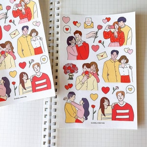 Hoja de pegatinas de amor de pareja // Pegatinas estéticas de San Valentín para niños y niñas, cinta washi para bullet journals, planificadores, álbumes de recortes y portátiles
