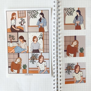 Vierkant stickervel HOUTEN KAMER / esthetisch Japans minimalistisch decor schattige meisjes stickers voor bullet journals, planners, plakboek, laptop
