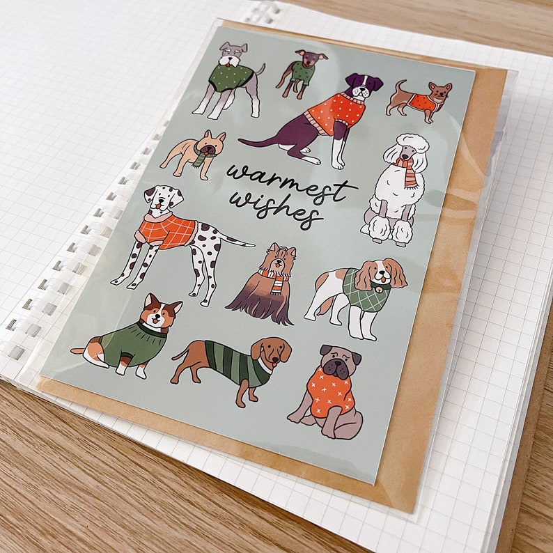 WARMEST WISHES greeting card // aesthetic cute unique fun sweater illustration animal pet puppy dogs lover schanuzer corgi holiday card image 5