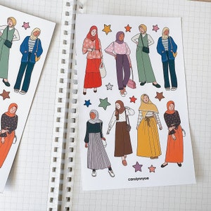 Feuille d'autocollants HIJABI OUTFIT // jolies filles conservatrices à la mode et esthétiques pour le hijab pour bullet journals, agenda, scrapbooking, décoration