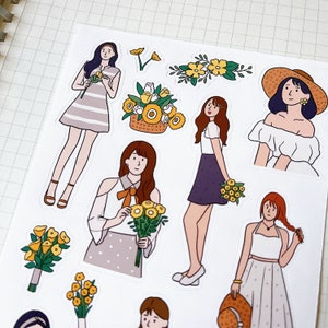 YELLOW FLORAL GIRL sticker sheet // aesthetic summer airy flower fashionable cute pretty stickers for bullet journals, planners, scrapbook image 2